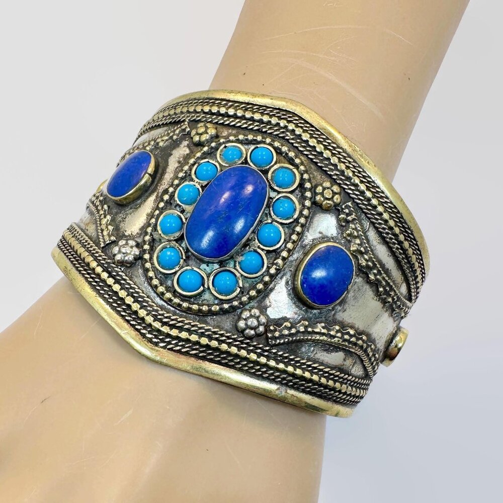 Afghan Bracelet, Blue, Middle Eastern, Vintage Cuff, Silver, Turquoise, Brass
